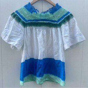 Marie Oliver Blue and Green Smocked Blouse